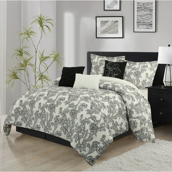 Lanco Black and White Comforter Set Queen Size , 7 Piece Clip Jacquard Floral Bedding Set , All Season Comforters