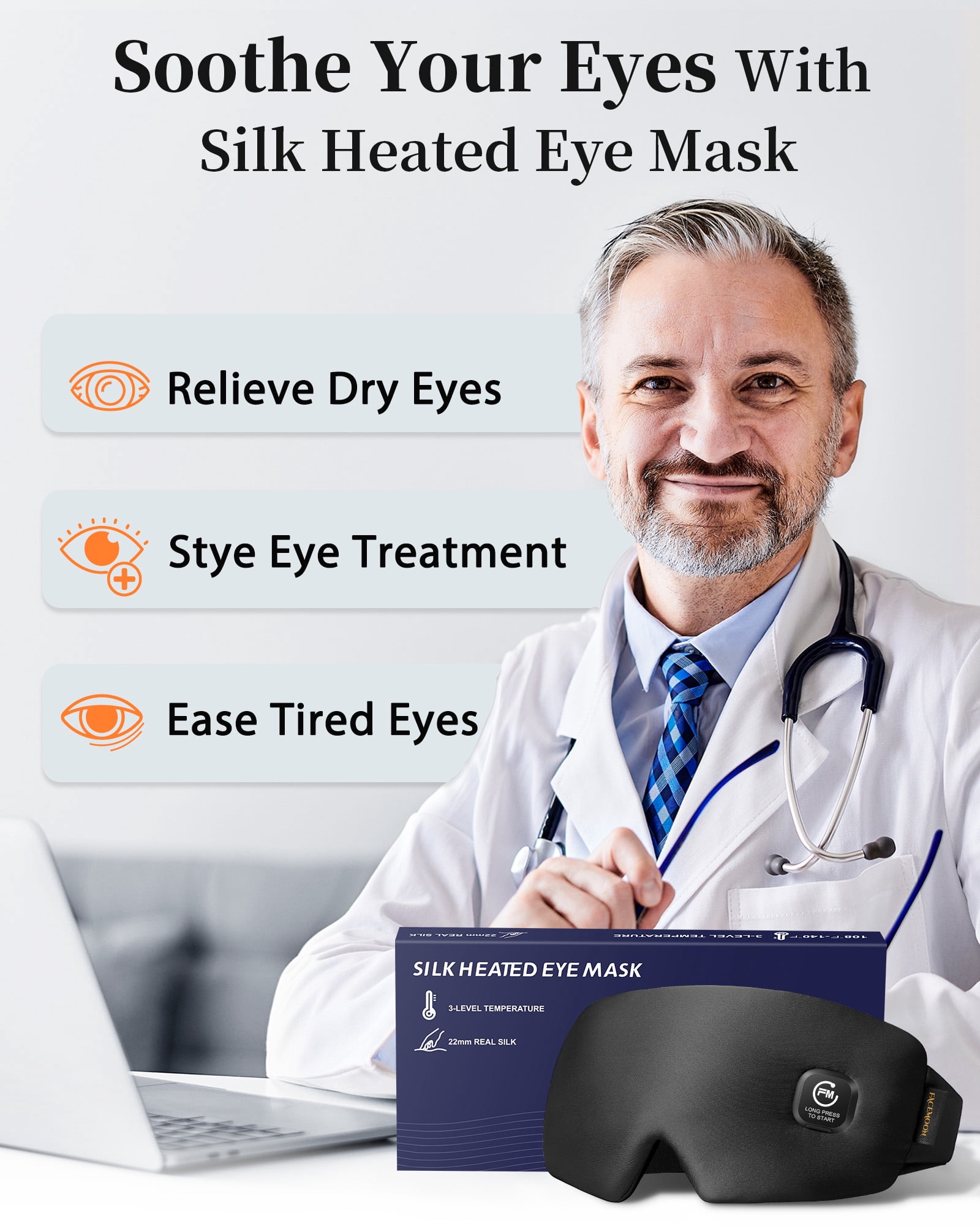 FACEMOON Silk Cordless Heated Sleep Eye Mask for Dry Eyes Relief w/ Storage Case, Blue