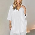 thumbnail image 3 of Camisa larga de algodón y lino de color sólido con cola de golondrina y mangas acampanadas sueltas informales de tres cuartos para mujer Fridja  fjkfkj4090, 3 of 8