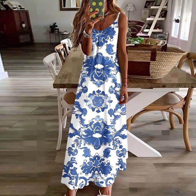 TaTaai Womens Stylish Printed Round Neck Spaghetti Strap Maxi Dress Casual All-Match Soft Comfortable Breathable Daily Party Wear Gift