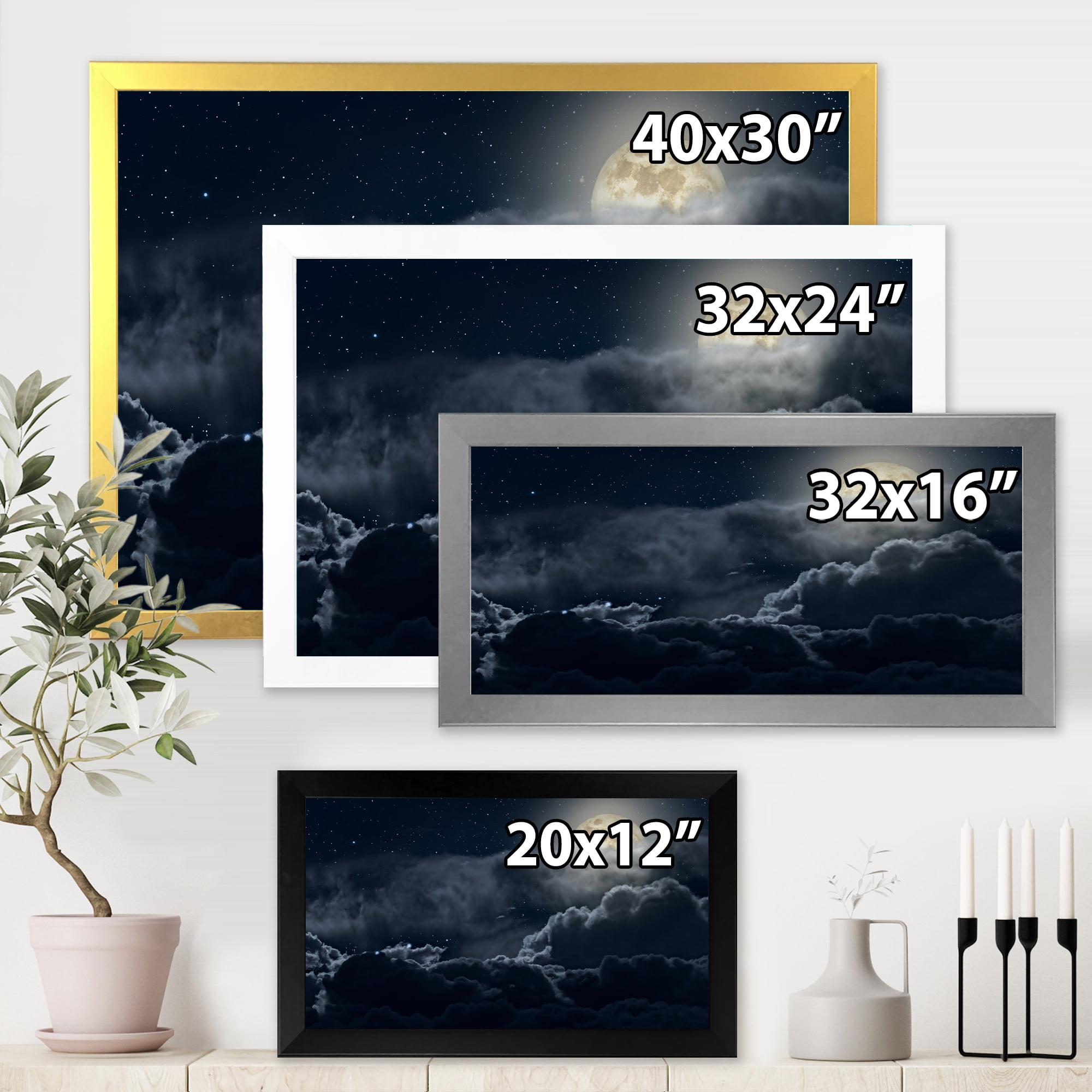 Designart 'Cloudy Full Moon Night With Stars' Nautical & Coastal Framed Art Print