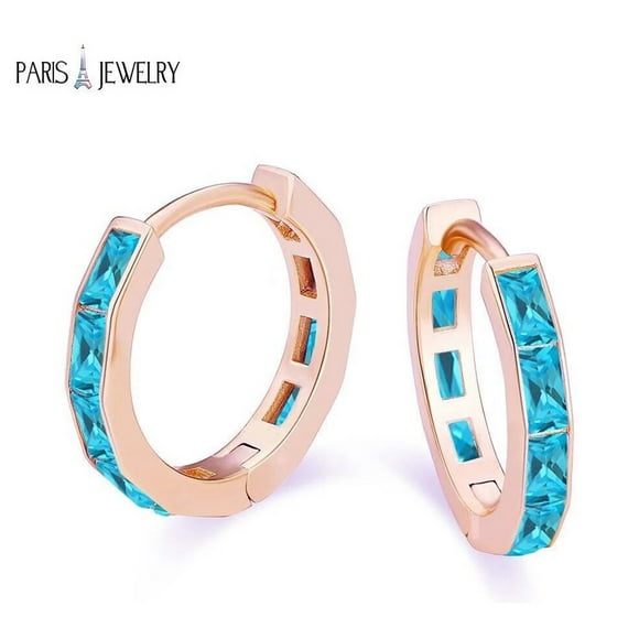 Paris Jewelry 18K Rose Gold Plated Created Blue Topaz 3Ct Emerald Cut Huggie Hoop Earrings