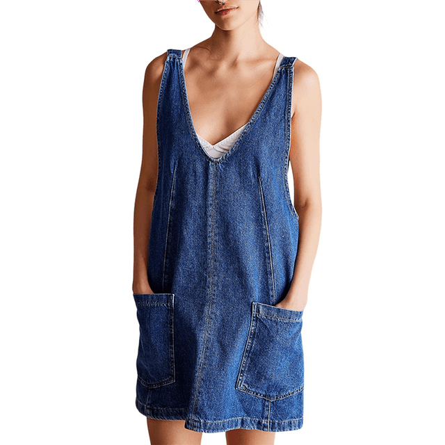 Salopette Courte en Denim pour Femmes, Bretelles Réglables, Jupe-Short à Taille Haute, Combinaison-Robe Décontractée en Jean, Bleu Foncé, m