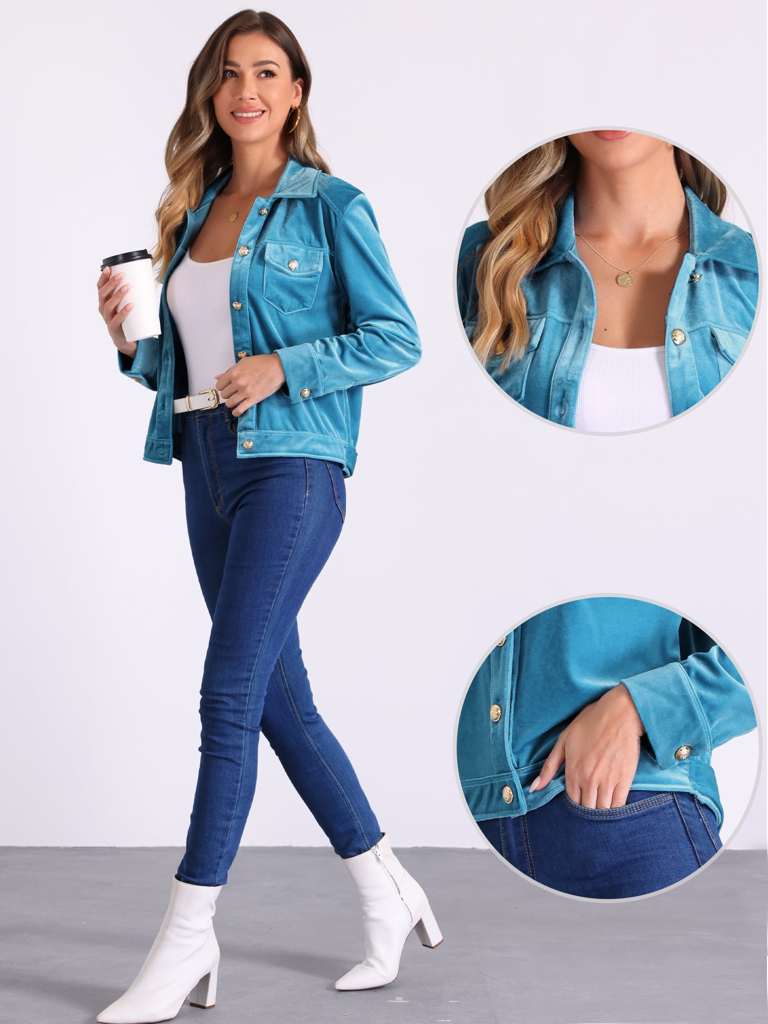 DARING DIVA Stylish Velvet Button-Up Long Sleeve Jacket S Peacock Blue