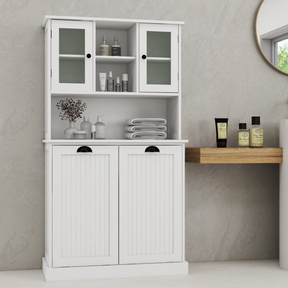 Holaki 59.69" Two-Compartment Tilt-Out Dirty Laundry Basket Tall Bathroom Cabinet with 2 Adjustable Shelves,Tall Pantry Cabinet Cupboard,White/Black