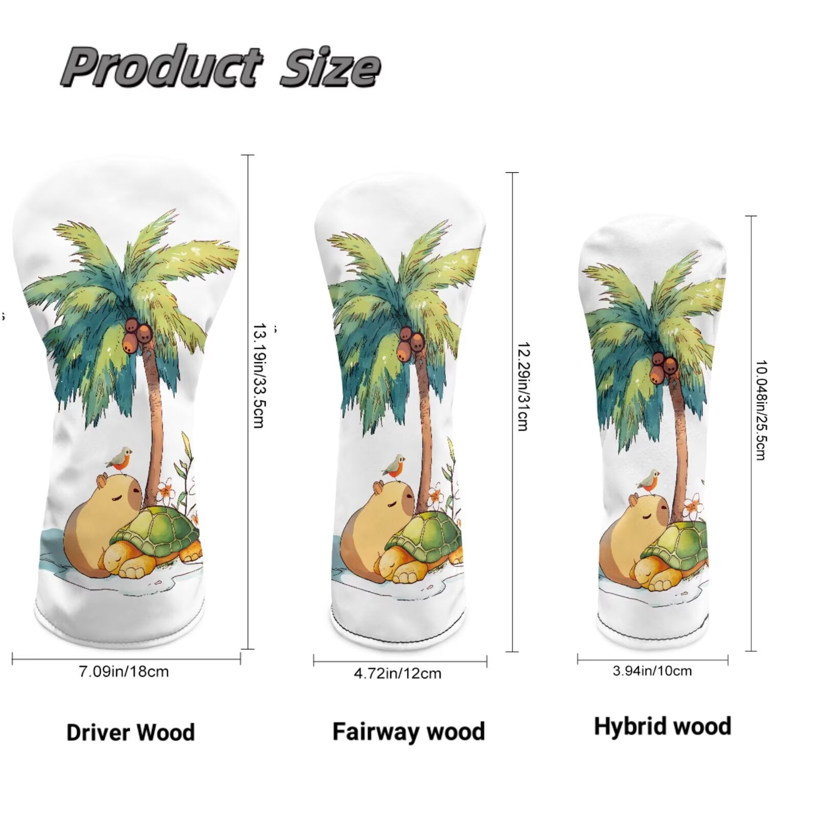 Uorisanigo Golf Club Covers, Golf Club Driver/Fairway Wood/Hybrid Head Cover 1 3 5 UT Cover, Coconut Tree Capybara Turtle Headcovers Set Keep Clubs Dry and Clean, Funny Golfs Accessories