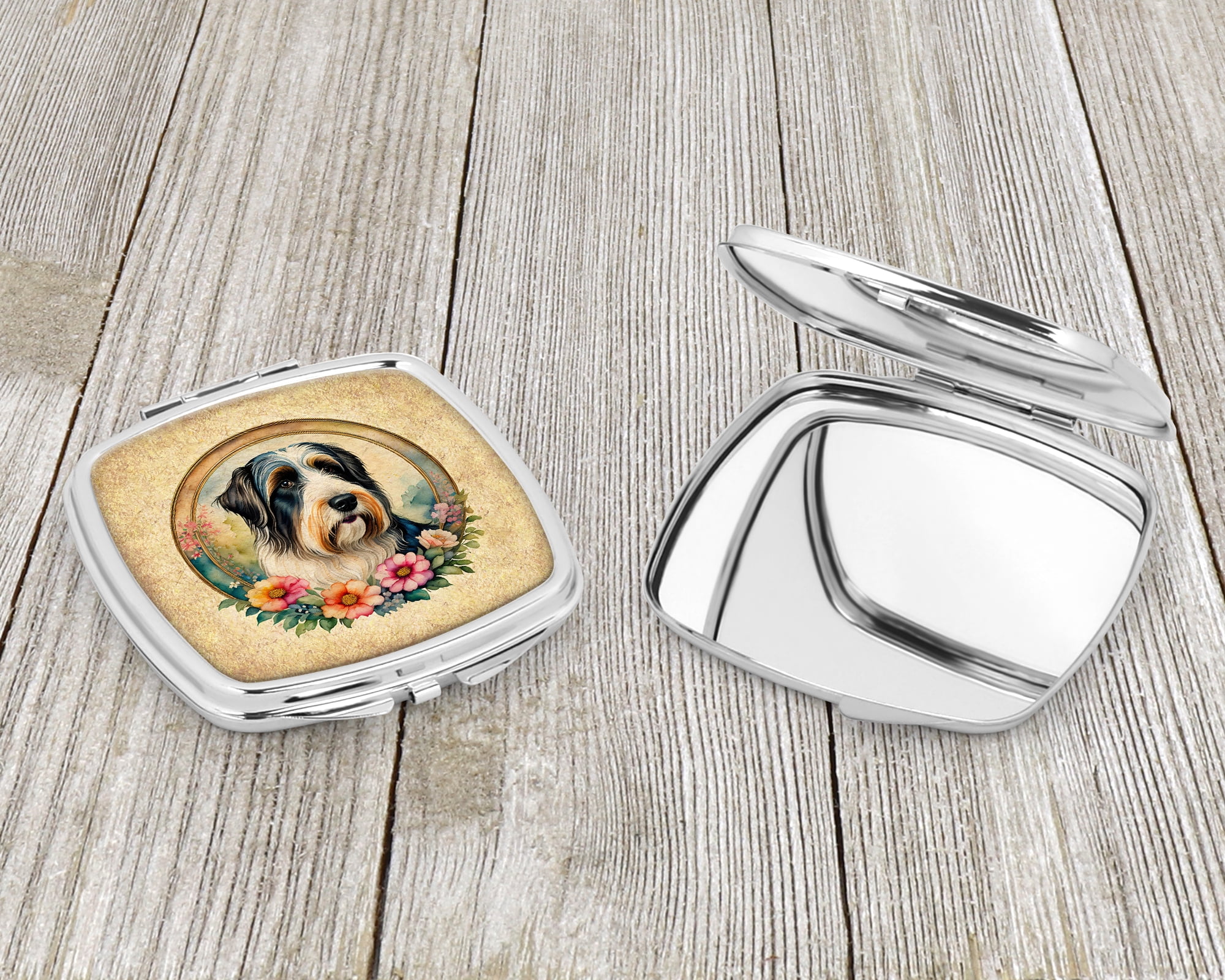Bearded Collie and Flowers Compact Mirror 2.75 in x 3 in