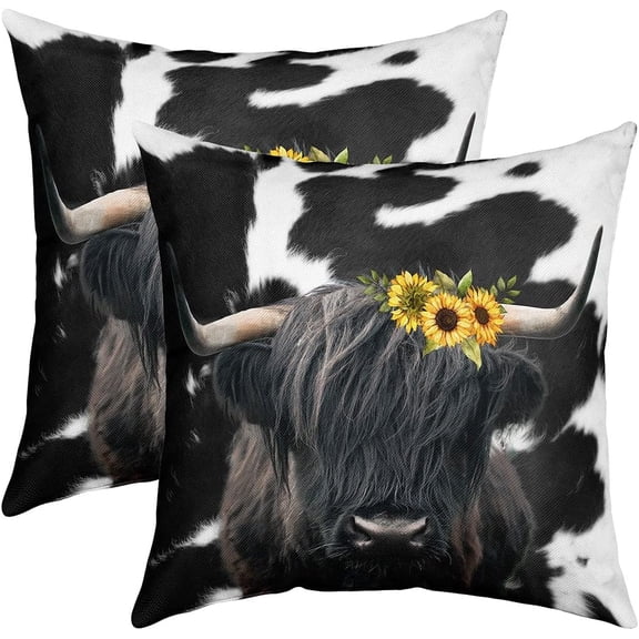 Ryan; (Not Real) Cowhide 18x18 Set of 2 Throw Pillow Covers Highland Cow Pillow Covers Sunflowers Cow Print Cushion Covers Western Farmhouse Cow Fur Animal Skin Decorative Pillow Covers,White Black