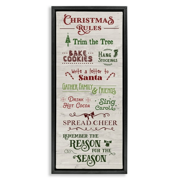 Stupell Industries Rustic Christmas Rules Holiday Painting Black Floater Framed Canvas Art Prints Wall Art, 11 x 25