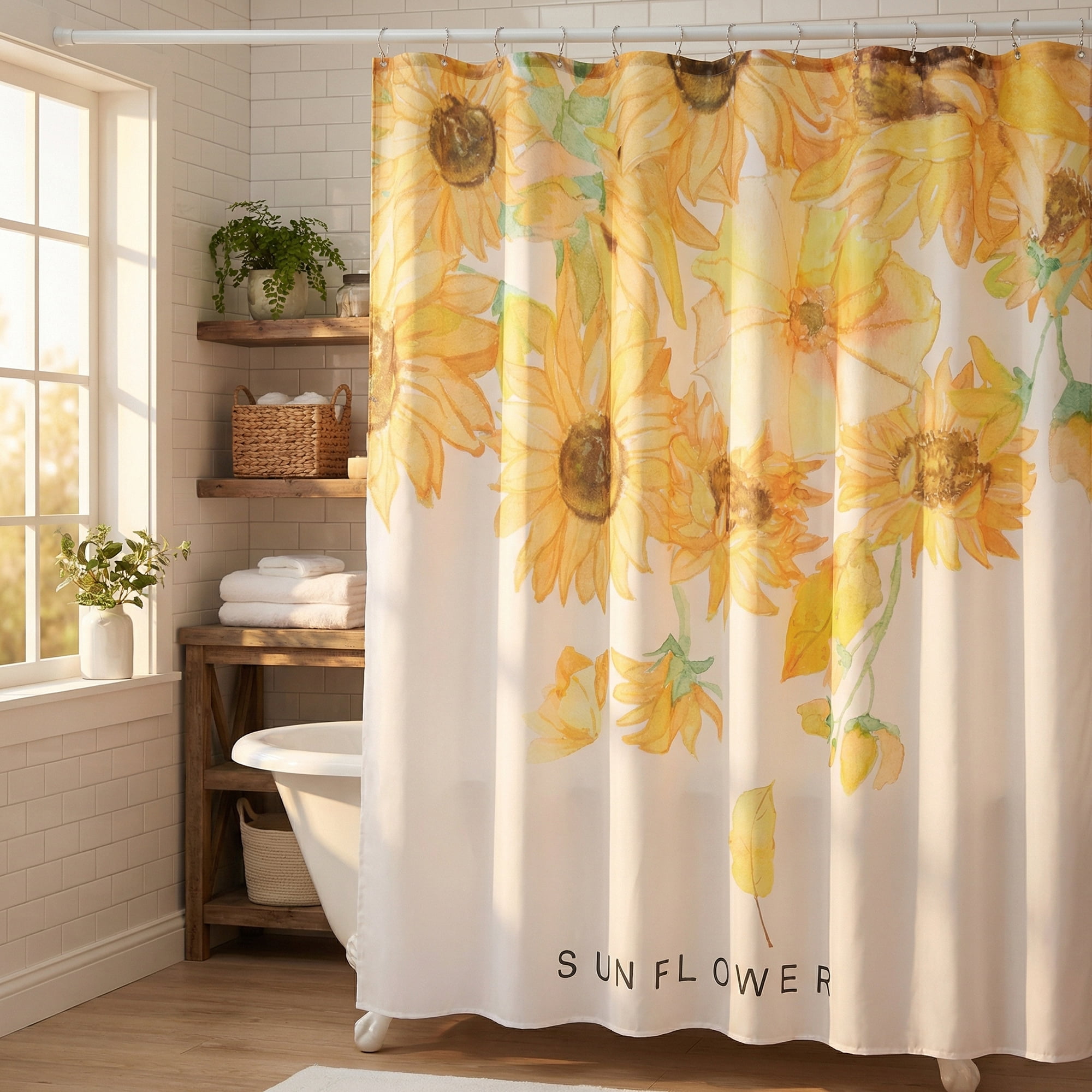 Unique Bargains Boho Floral Shower Curtain Sets with Hooks Yellow Sunflower 71"W x 71"L