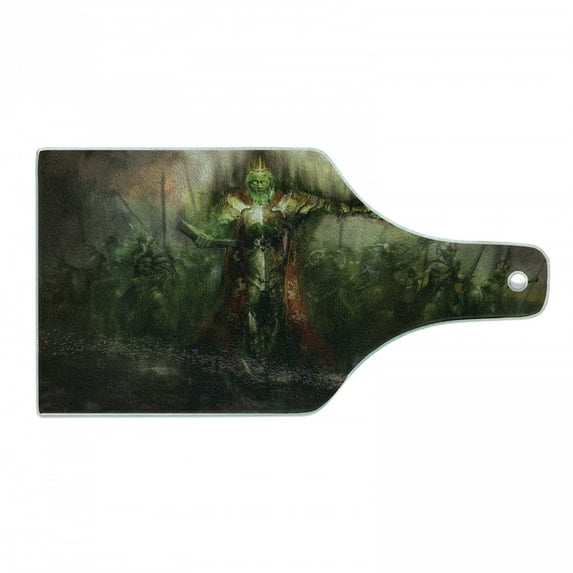 Fantasy World Cutting Board, Death King Leading Against Demons and Ghosts Revenge Illustration Print, Tempered Glass Cutting and Serving Board, Wine Bottle Shape, Green and Brown, by Ambesonne