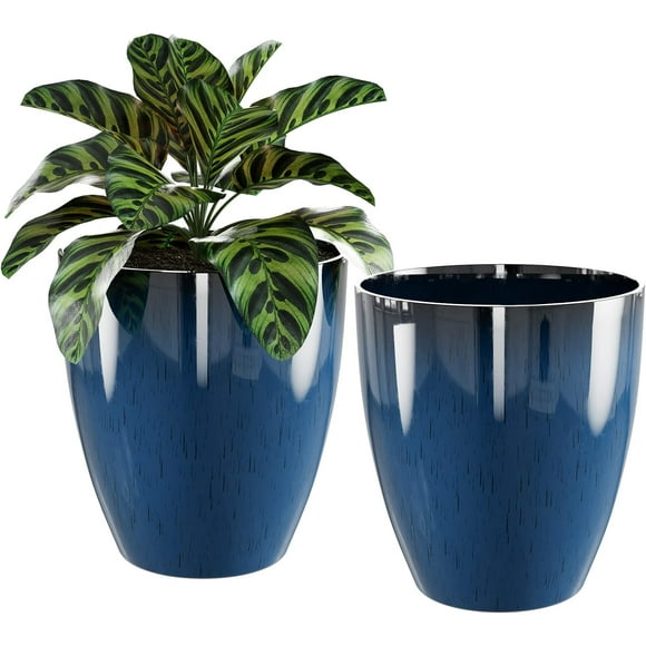 QCQHDU Plant Pots Set of 2 Pack,10 Inch Plant Pot for Indoor and Outdoor Plants with Drainage Hole,Flower Pots Modern Decorative Planter for Garden Plants （Blue）