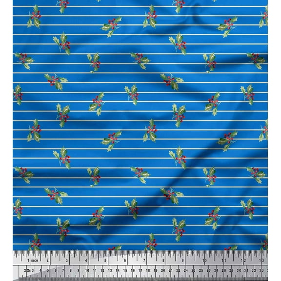 Soimoi Blue Cotton Duck Fabric Stripe & Red Berries Fruits Printed Fabric 1 Yard 42 Inch Wide