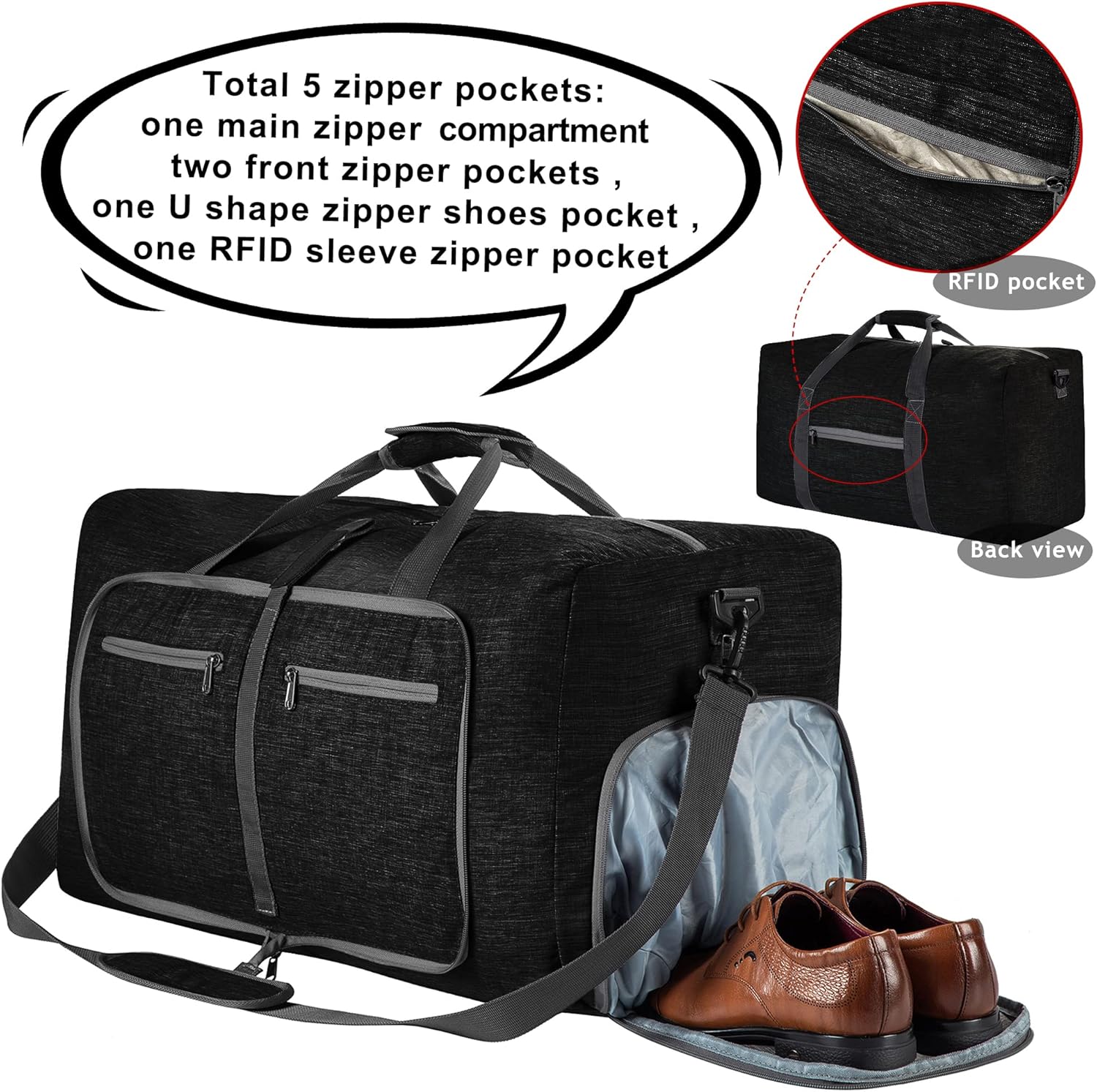 Ht Viik 65L/85L Foldable Travel Duffle Bag, Lightweight Checked Luggage with Shoe Compartment, Water-Resistant Weekender Overnight Bag for Men & Women