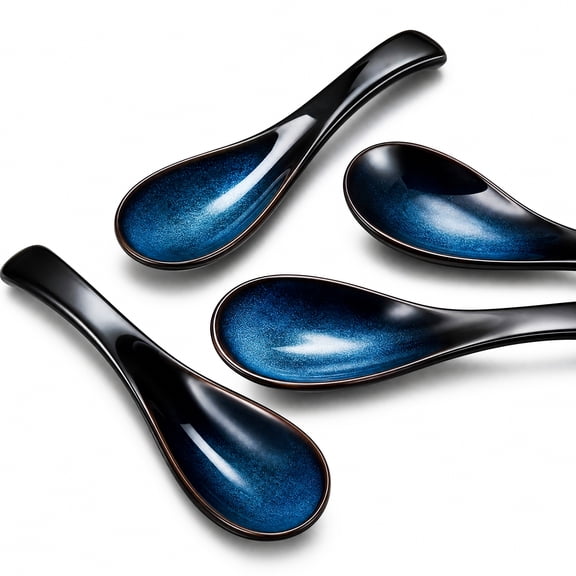 BlinkLLX 4 Pack Retro Blue Ceramic Soup Spoons Long Handle Asian Ramen Spoon