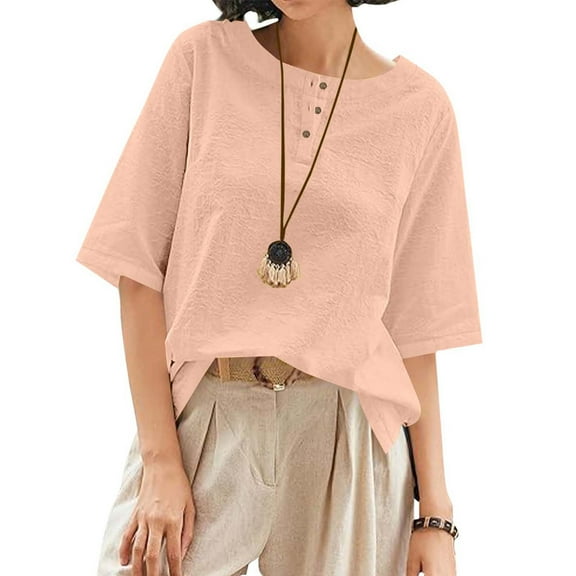 Women's 3/4 Sleeve Cotton Linen Jacquard Blouses Top T-Shirt, Limited Time Under 10 Dollars SA-461