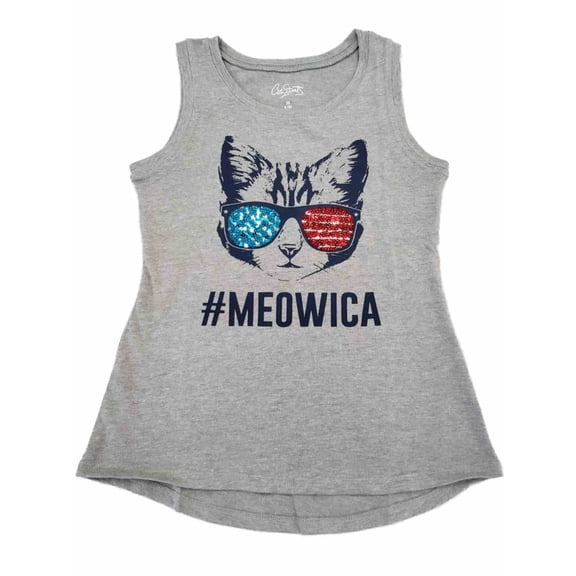 Girls Red Blue Kitty Cat Meowica Meow Sequin Patriotic Tank Top T-Shirt XS 6-6X