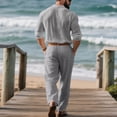 thumbnail image 4 of Men's Long Sleeve Casual Linen Shirt and Pants Set, Lightweight Breathable Outfit for Summer Beach, Relaxed Fit, 4 of 5