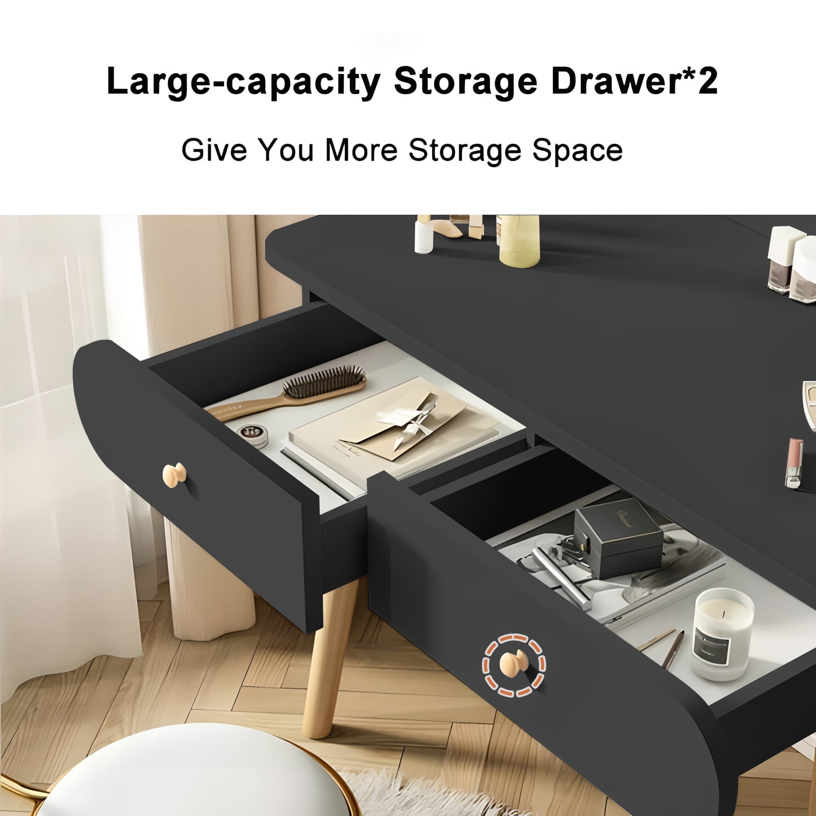 Hurber Vanity Table Set with Mirror, Modern Makeup Vanity Dressing Desk with 2 Drawers & 2 Shelves ,Black (Without Stool)