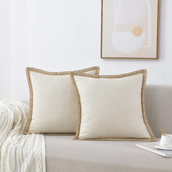 Set of 2 Farmhouse Throw Pillow Covers - Burlap Linen Trimmed Tailored Edges Decorative Cushion Covers for Bed Home Decoration, 20 X 20