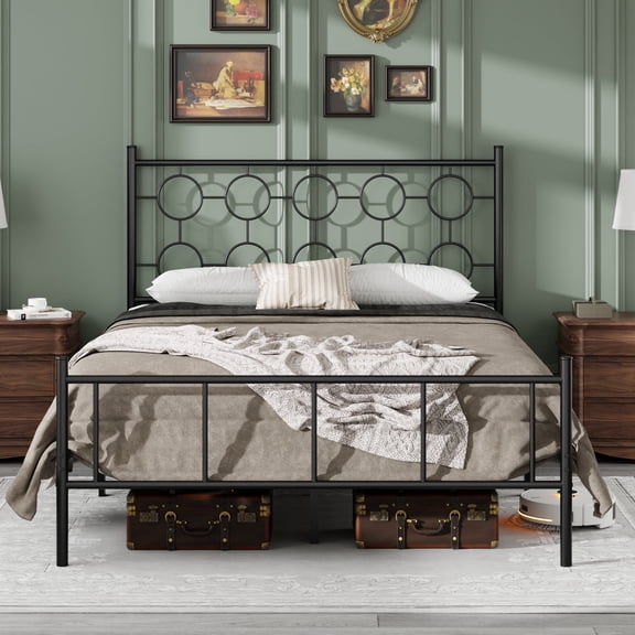 Queen Size Metal Platform Bed Frame with 12" Storage Space, Victorian Style Iron Headboard/Footboard, Sturdy Slat Support, No Springs Required, Easy to Assemble (Mattress Not Included)(Black)