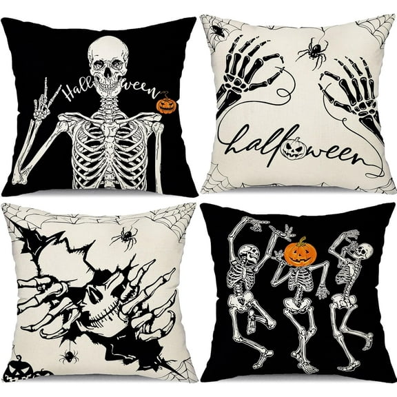 Halloween Pillow Covers 18x18 inch Set of 4 Halloween Decorations Dancing Skeleton and Skull Hands Decor Holiday Pillow Case Farmhouse Decor for Home Sofa B106