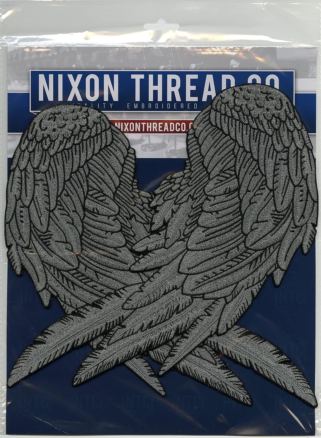 Reflective Angel Wing Patches 14" | "Saints & Sinners" Black Realistic Wings & Feathers Light Activated Guardian Angels Back Patch | Embroidered Iron On | Large 2pc. Set - by Nixon Thread Co.