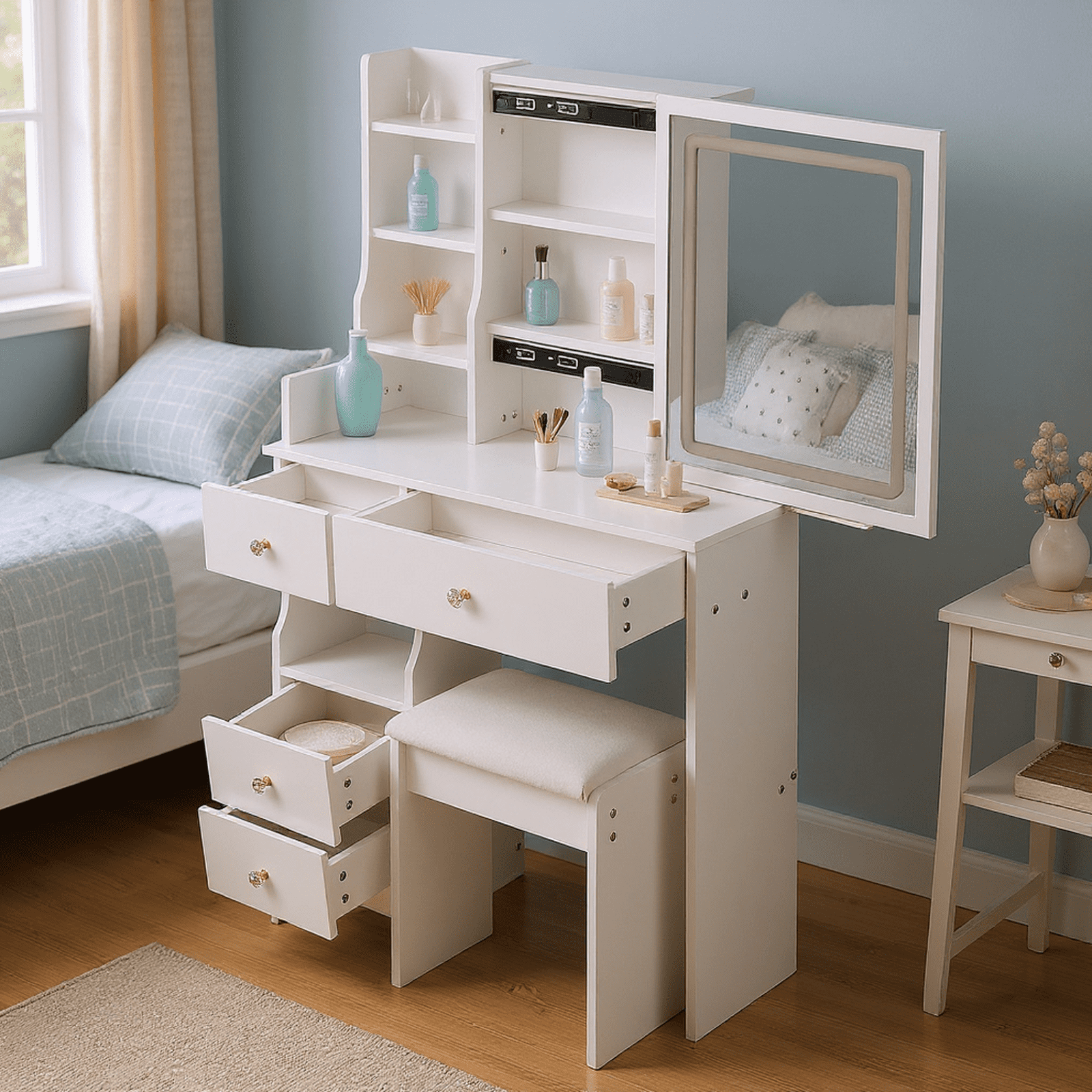 Homy Casa Vanity Desk with LED Lighted Mirror, Makeup Vanity Table with Drawers, Shelves, and Stool