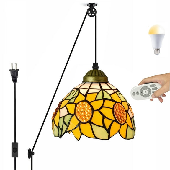 Kiven Plug in Pendant Light, Hanging Light Fixture with Pulley and Remote, Tiffany Style Dimmable Pendant Light with 3 Colors Mode for Bedroom Foyer Hallway Kitchen Island,E26 Socket