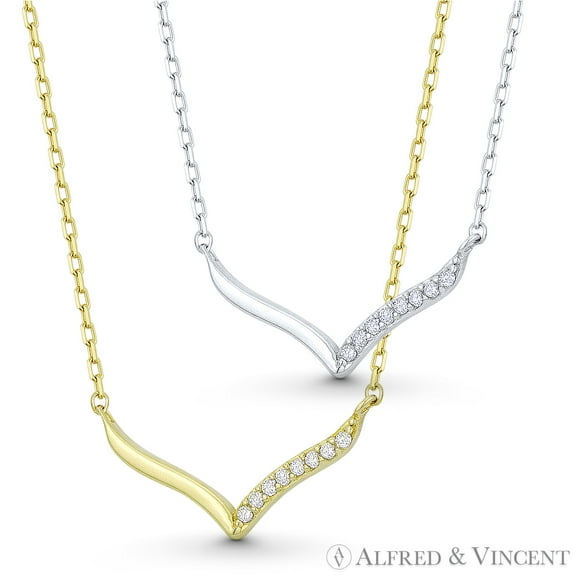 V-Bar Chevron Cubic Zirconia CZ Crystal Pendant & Chain Necklace in .925 Sterling Silver w/ Rhodium