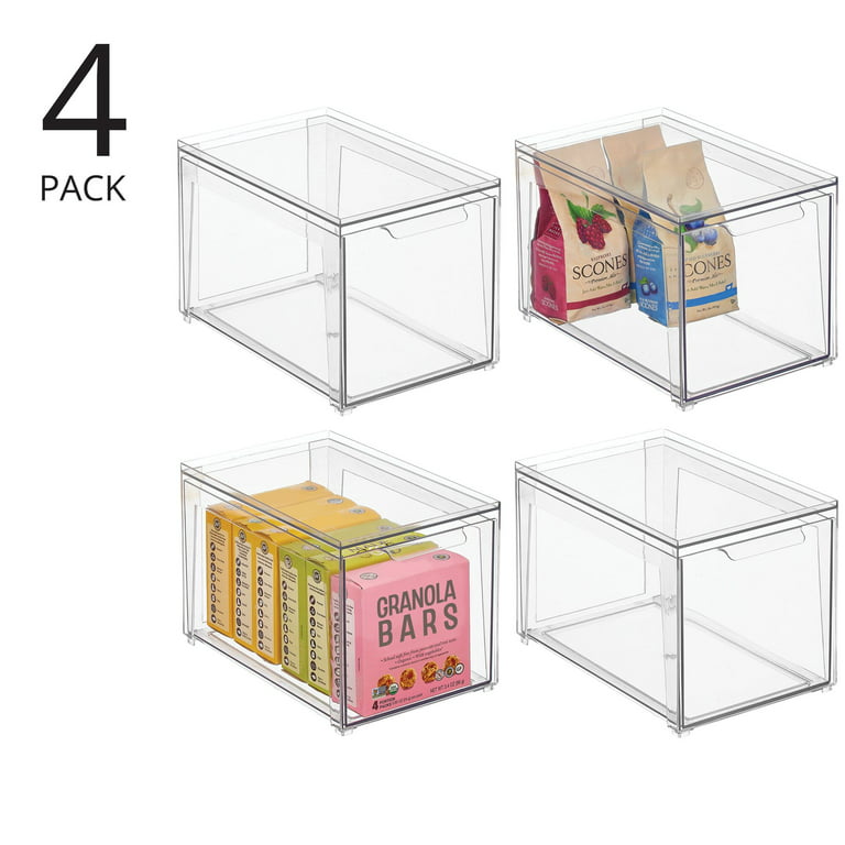 mDesign Stackable Kitchen Storage Bin Box with Pull-Out Drawer, Medium - 4 Pack - Clear