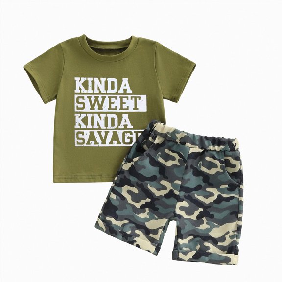 KPOPLK Baby Boys Toddler Clothes 2pcs Summer Graphic Print Short Sleeve T-Shirt Tee Clothing Elastic Waist Shorts Set with Pockets(4-5 Years,Dark Green)
