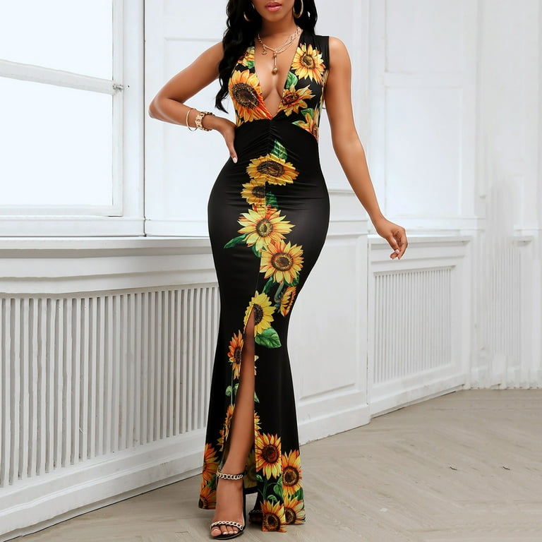 Women Summer Casual Dress V Neck Sleeveless Dresses Sunflower