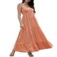 thumbnail image 3 of Women‘s Summer Boho Spaghetti Strap Square Neck Solid Color Ruffle A Line Beach Long Maxi Dress, 3 of 6