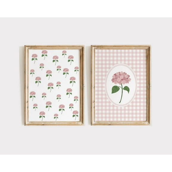 Luvia Nursery, Floral Girl Room Decor, Pink Gingham Set Of 2 For Bedroom, Pink Hydrangea Girl Nursery Art Set, Modern Wall Decor Set 2 Prints 8x12 UNFRAMED