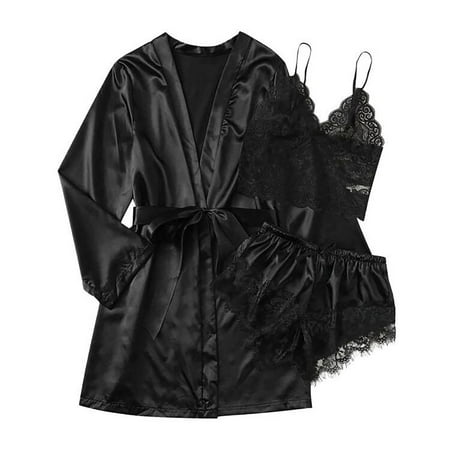 YOTMKGDO Valentines Day Lingerie  Satin Silk Pajamas Ladies Nightdress Lingerie Robe Lingerie Pajamas (Black  XL)