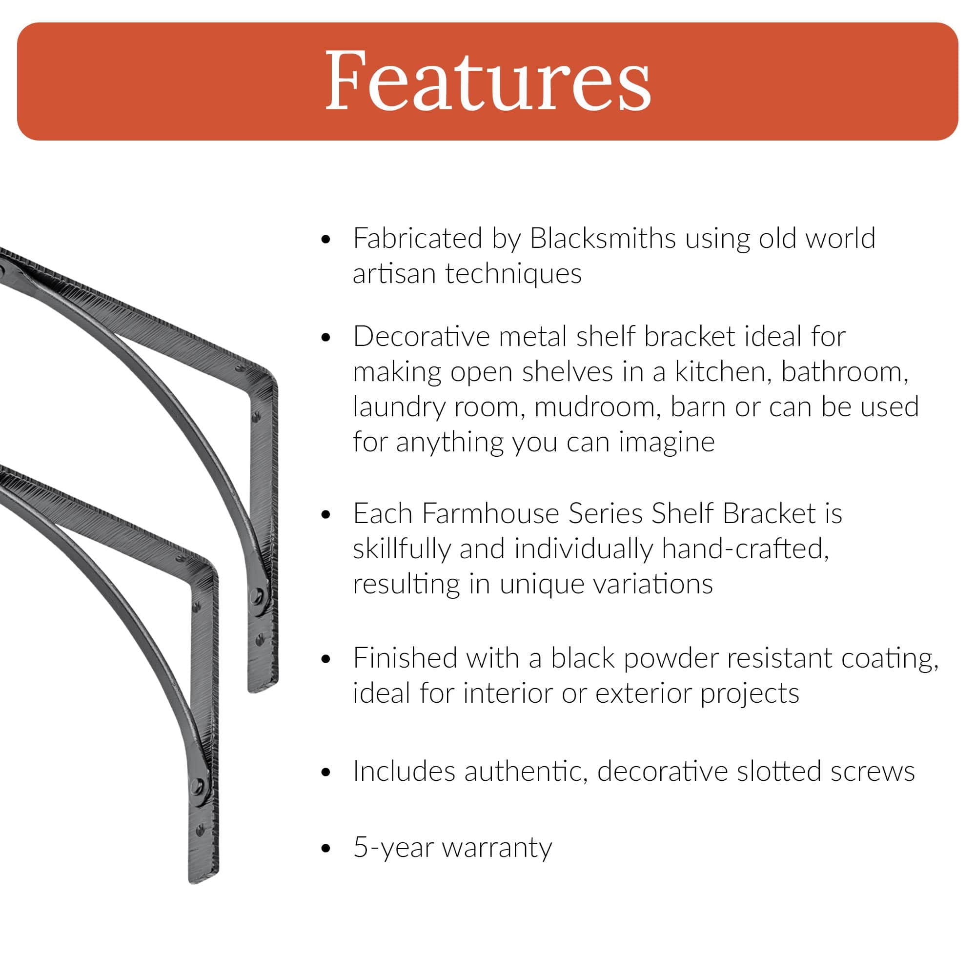 Wall Shelf Brackets Heavy Duty Support 12 inch by 10 inch Hand Forged Wrought Iron for Open Shelves in Hallways, Kitchens, Closets & Garages - The Farmhouse Series