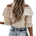 thumbnail image 3 of iHengLiXing Boat Neck Off Shoulder Tops for Women Women Fashion Ruffled Loose Color Short Sleeved Off Shoulder Casual Tops Beige XXL, 3 of 7