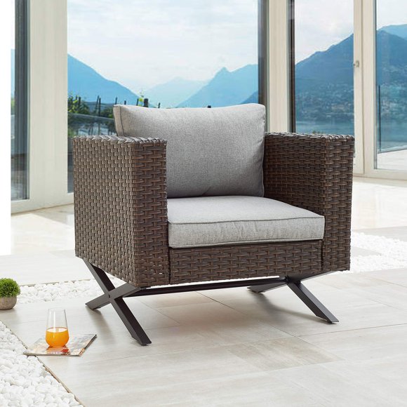 LOKATSE HOME Outdoor Patio Bistro Dining Furniture Armchair with Soft Cushions Wicker Rattan and Metal Steel Frame with X Shaped Slatted Steel Legs for Garden Yard Lawn Poolside