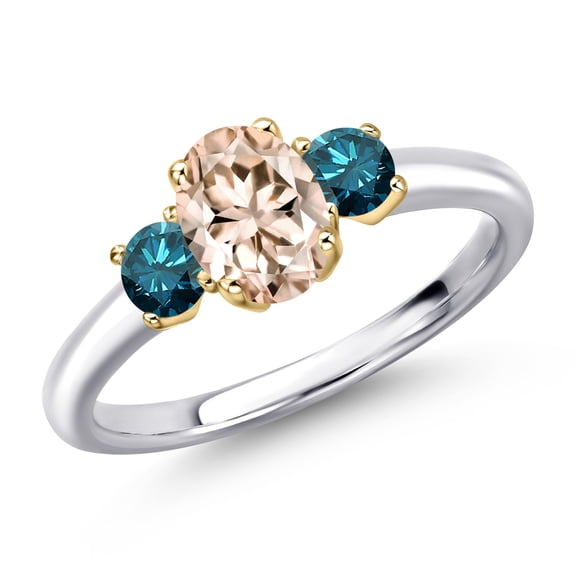 Gem Stone King 10K Two Tone Gold Peach Morganite and Blue Diamond Engagement Ring for Women | 0.95 Cttw | Oval 7X5MM | Gemstone October Birthstone | Size 6