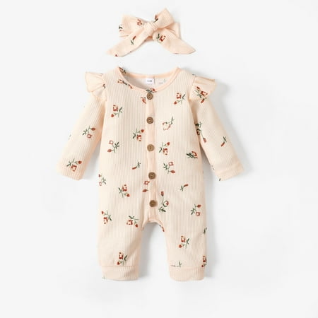 

PatPat Infant Girls Floral Waffle Plaid Bodysuit Set Ruffle Long Sleeve Button Up Jumpsuit with Headband Cotton Newborn Outfit 0-18month