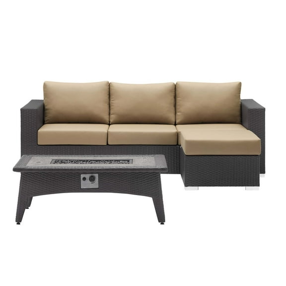 Contemporary Modern Urban Designer Outdoor Patio Balcony Garden Furniture Lounge Sofa, Chair and Coffee Table Fire Pit Set, Fabric Rattan Wicker, Light Brown