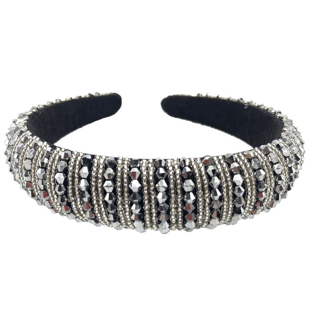 Guardurnaity Diadema con cuentas de cristal, tocado grueso de estilo barroco tejido a la moda, diademas de aros, tocado, regalo para mujer, playa Accesorio para el cabello Gris