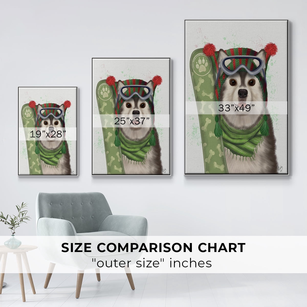 Christmas Husky Snowboard - Framed Gallery Wrapped Holiday Canvas - 27 x 41 - White Frame