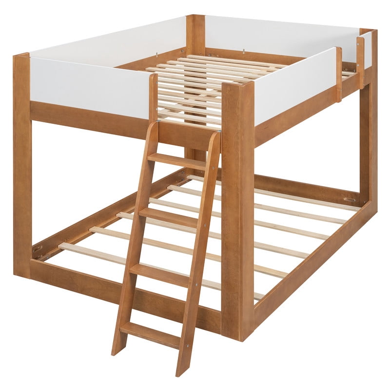 Full-Over-Full Low-Profile Bunk Bed with Guardrails, Wooden Kids Bed with Reversible Ladder, Accent Two-Tone Bed Frame