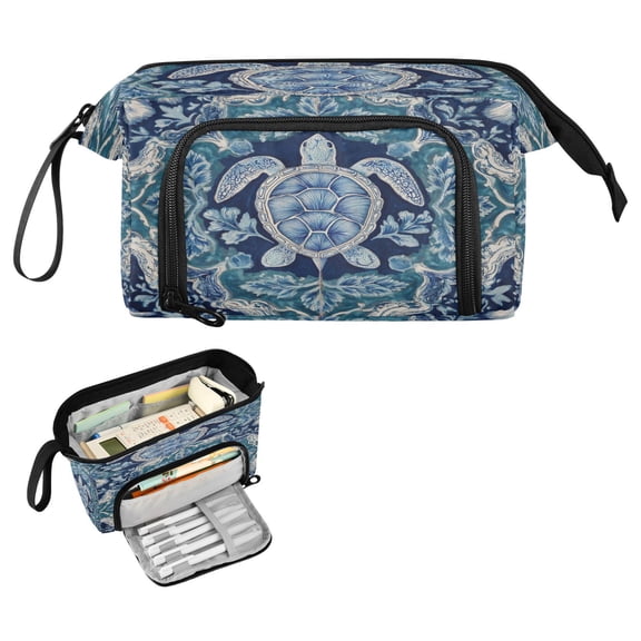 Nylon Fish Mouth Pencil Case with Large Capacity Zipper Pencil Pouch Dark Teal Turtle Pattern Pencil Bag Organizers