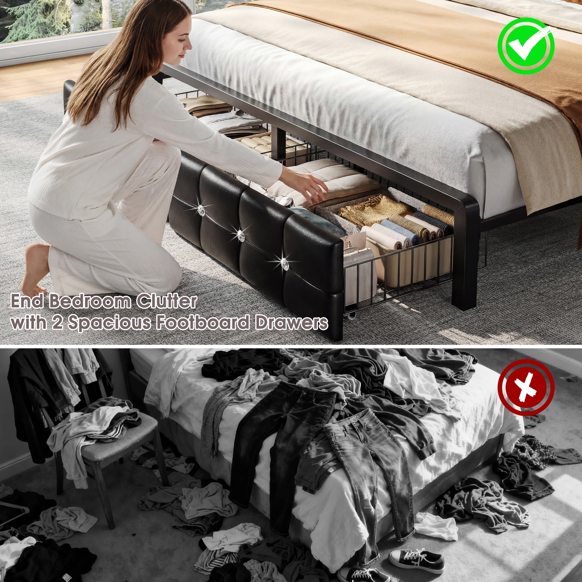 EnHomee Bed Frame with 2 Drawers King Size Bed Frame with Headboard & LED Lights Bed Frame with Storage & Headboard Drawers，Black