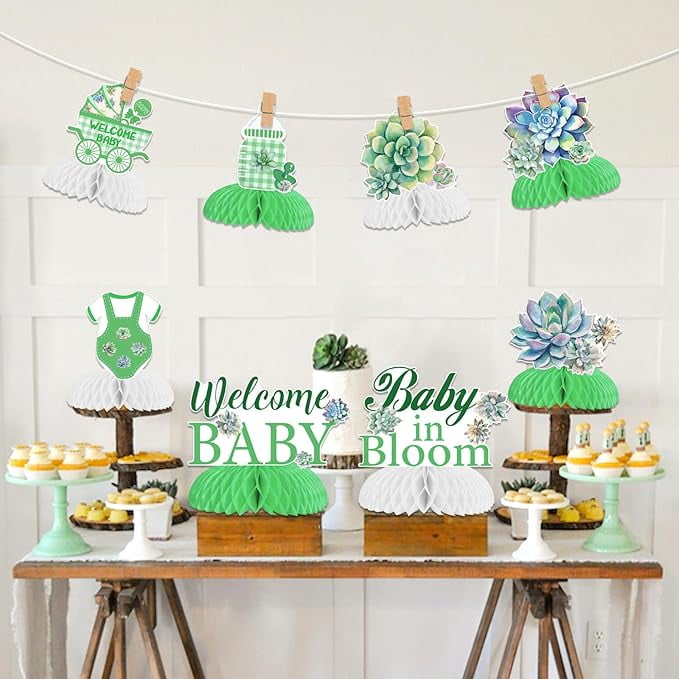 8pcs Succulent Baby Shower Honeycomb Centerpieces, Baby in Bloom Table Topper Decorations, Green Baby Shower Decorations, Birthday Party Supplies Gender Reveal Party