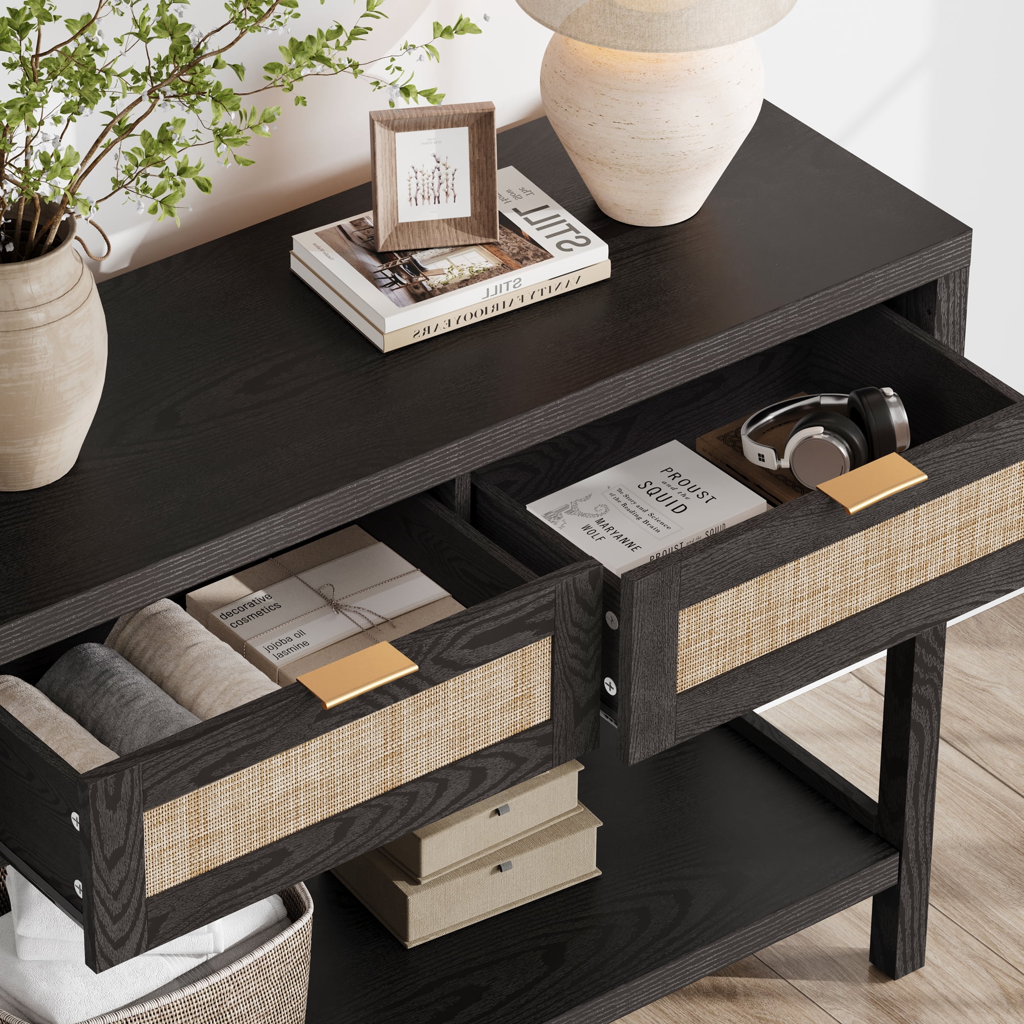 SICOTAS 39.4 Inch Wide Rattan Console Table Set of 2 with 2 Drawers & Shelf, Boho Entryway table with Large Storage Capacity for Entrance Way, Hallway, Living Room - Black Oak