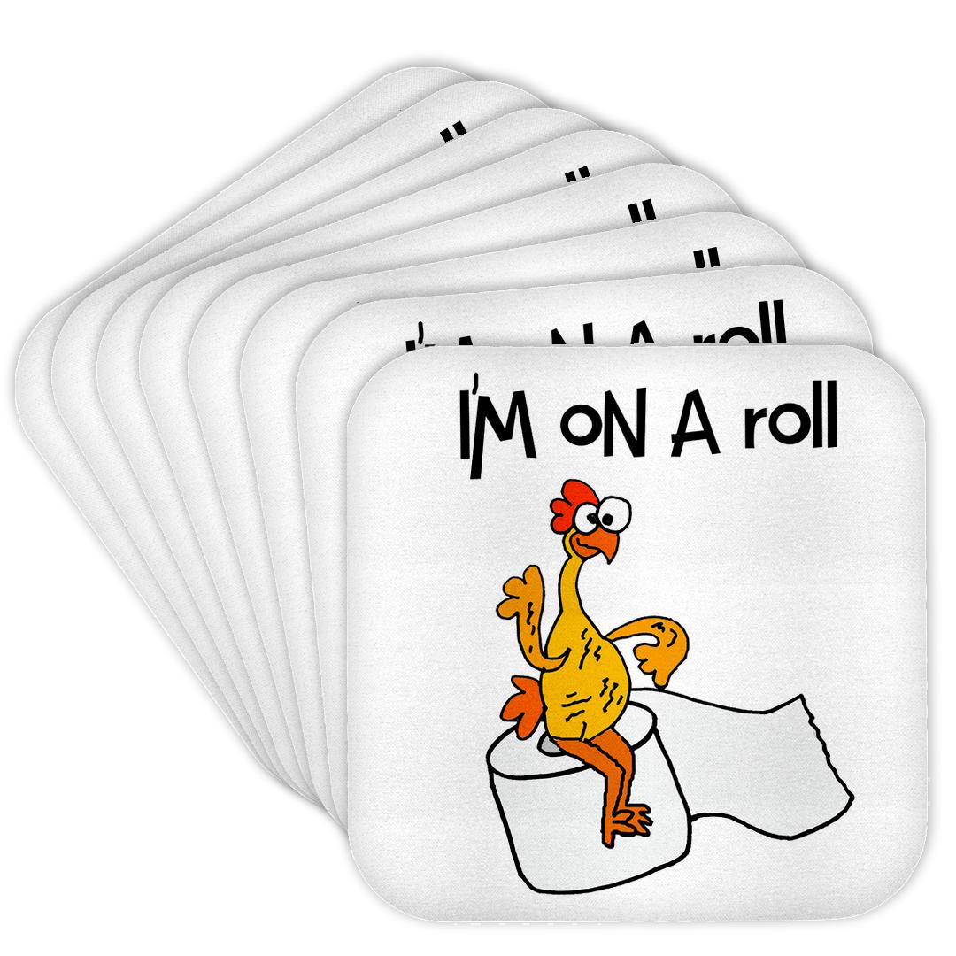 3drose, Funny Cute Rubber Chicken on Toilet Paper Im on a Roll Pun, Set of 8 Coasters - Soft